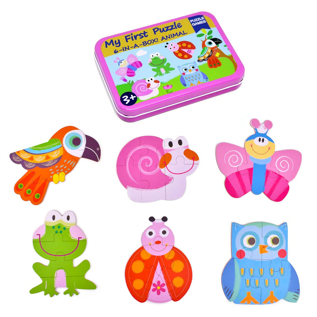 Baby Puzzles – Cute Baby Animals Puzzle in Tin Box – Engaging and Simple Puzzle FR 1+ Year Old – My First Puzzle Set with 5 Jigsaws – Fun and Colorful Design - Jigsaw Puzzle for Babies