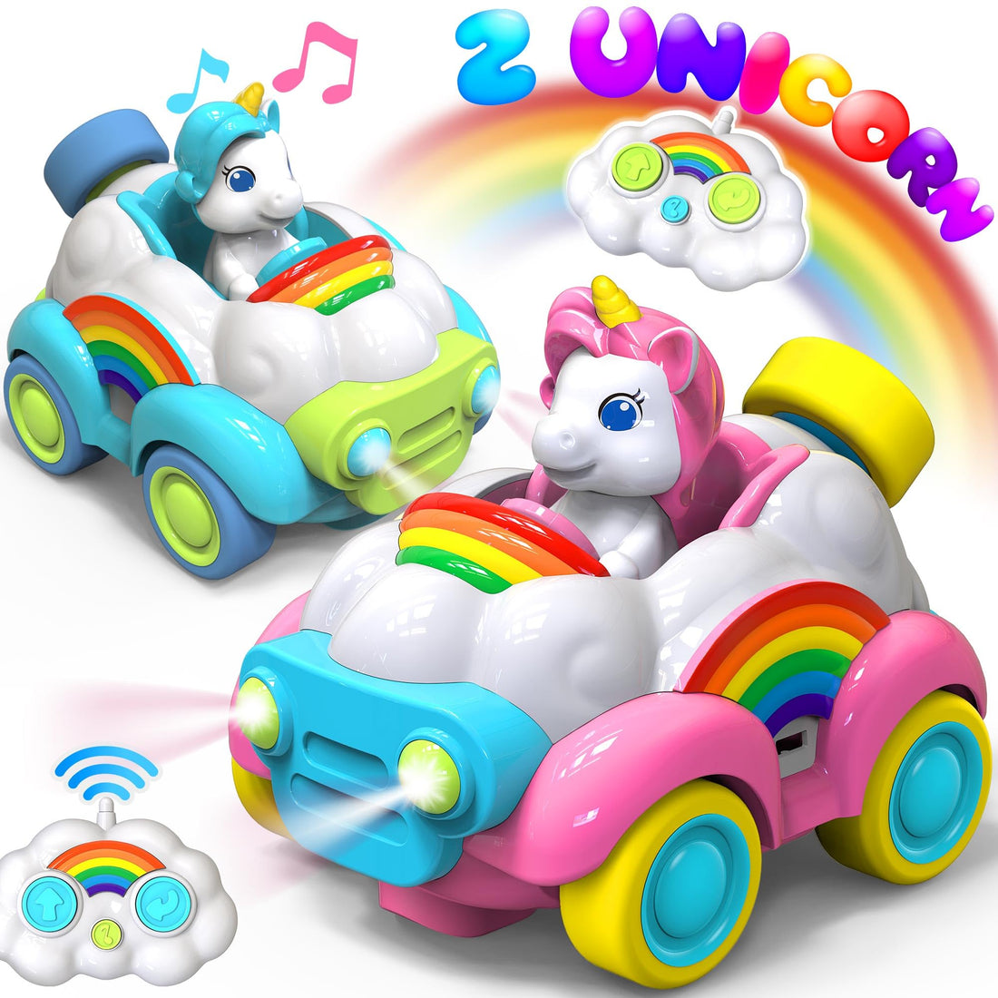 HopeRock Unicorn Toys Remote Control Cars, Toys for Ages 3-6 years, 2 Pack with LED Lights, Music, and Sound - Easter or Birthday Gift for Kids Girls (Blue and Pink)