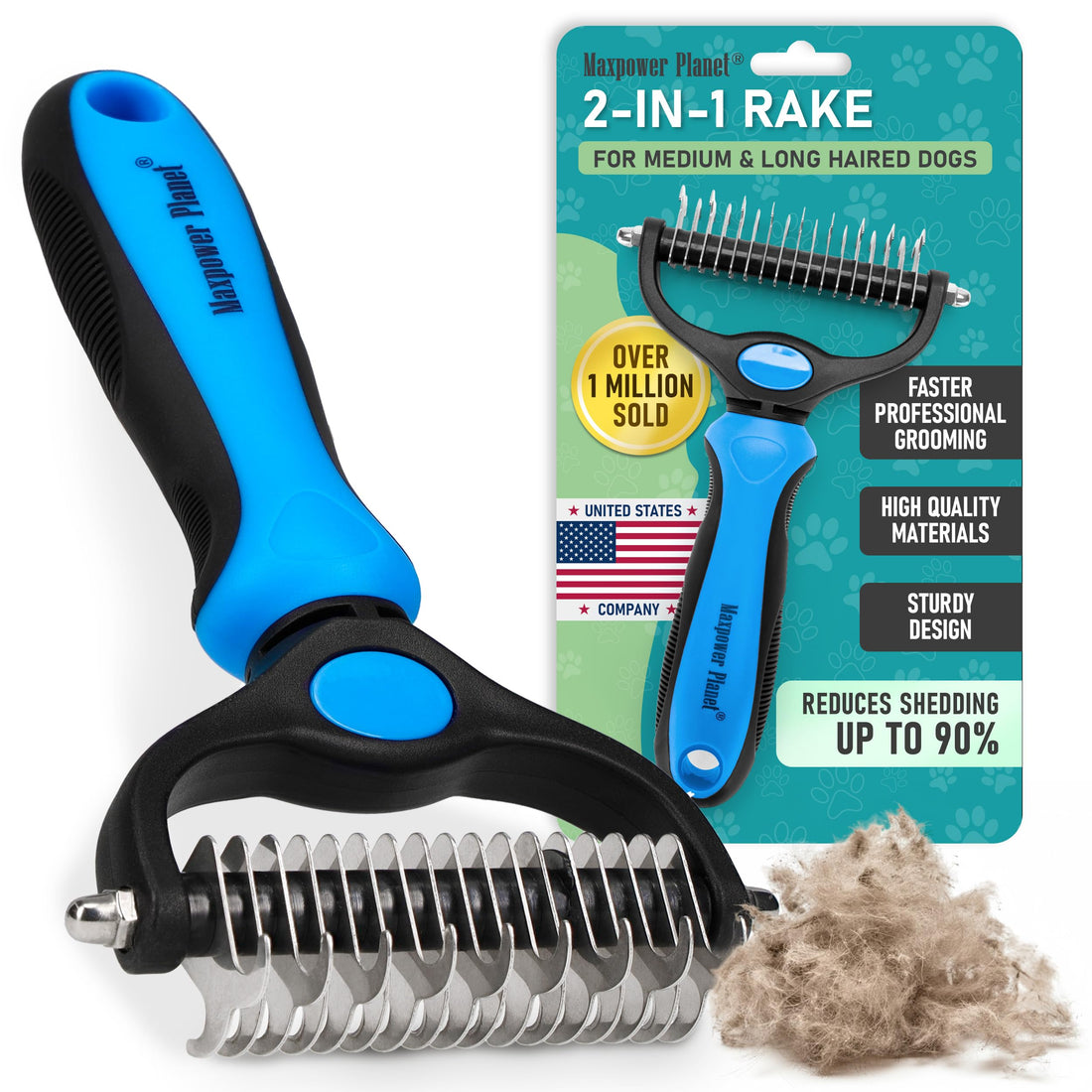Maxpower Planet Dog Brush - Double Sided Deshedding Dematting Tool - Cat Brush Undercoat Rake - Dog Brushes Shedding Hair - Dog Grooming Brush Long Haired Cats - Cat Grooming Brush Pet Comb, Blue