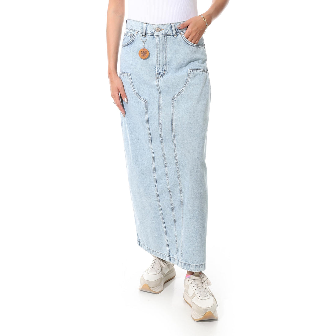 Long Denim Maxi Skirt, Light Blue Wash, High Waist, Ankle Length-6432