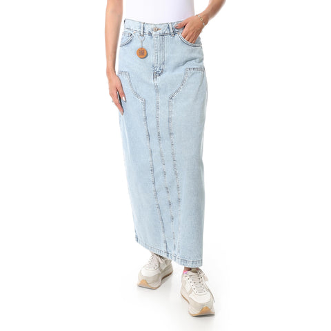 Long Denim Maxi Skirt, Light Blue Wash, High Waist, Ankle Length-6432