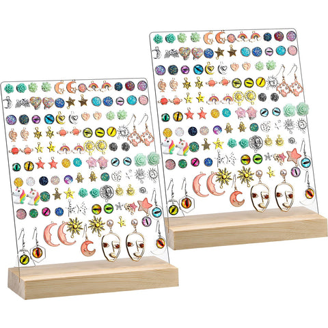 BEST MEDIA Acrylic Earrings Holder Display Pegboards with Wood Bases, a Transparent Ear Studs Display Stand for any Jewelry Showcase- 120 Holes - Modern - 2 Pieces - Transparent