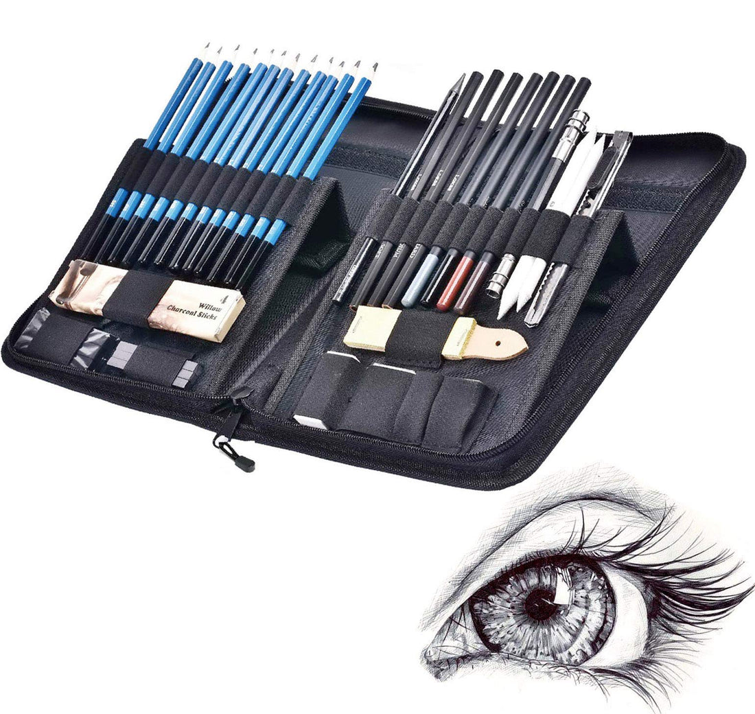 40pcs Sketch Pencil Kit, Professional Sketch Pencils Set, Sketching Drawing Kit Including Graphite Charcoal Willow Sticks Erasers Sharpeners Pop-Up Stand with Carry Bag, Art Supplies Students