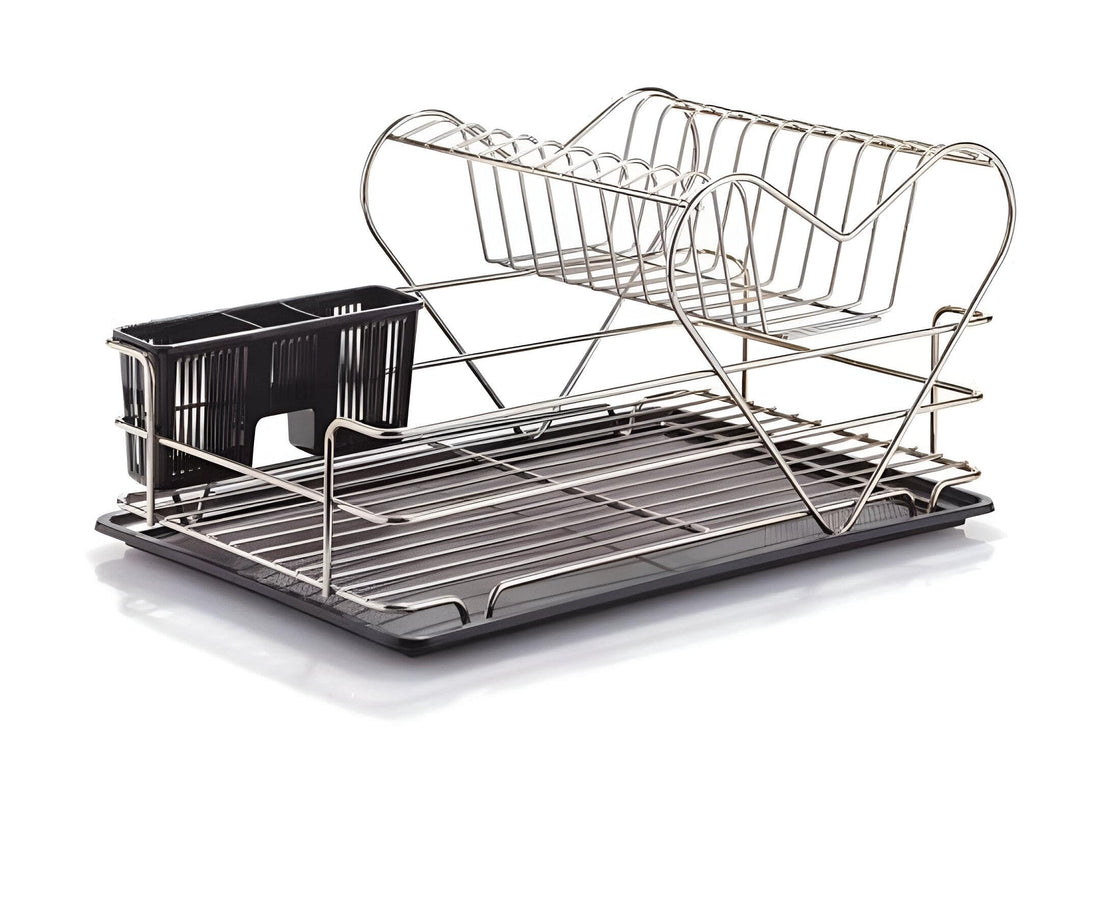 Two Tier Rack - Durable metal dish drying stand with dual levels and anti-slip feet, a modern heart-inspired silhouette, black coating with color options, includes a practical draining tray for easy c