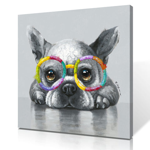 B BLINGBLING Dog Picture Canvas Wall Art: Black & White French Bulldog Wearing Colorful Sunglasses Funny Dog Artwork Animal Poster Kids Room Nursery Bedroom Wall Decor Framed & Ready to Hang 30x30cm