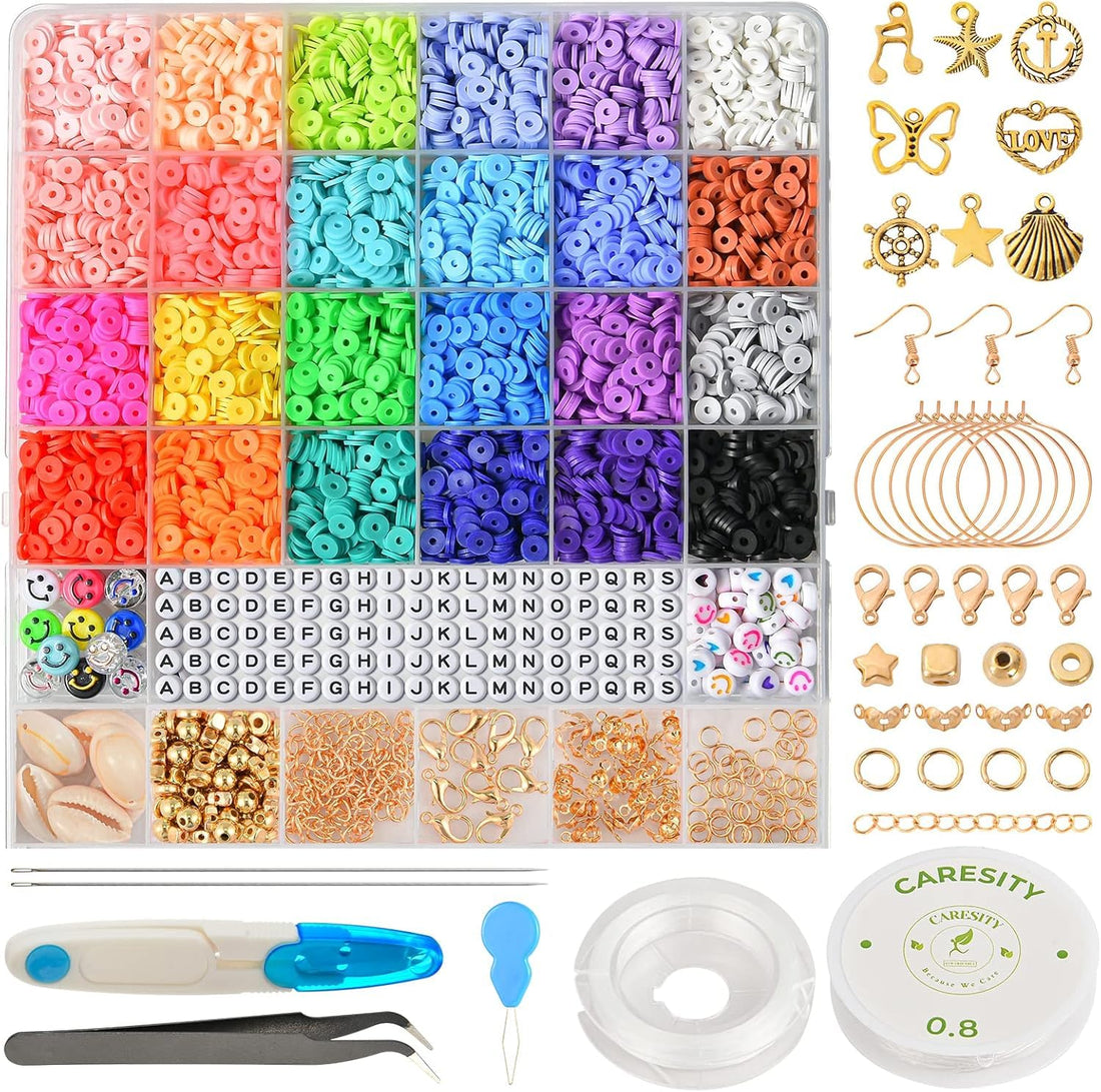 15000+Pcs 3 Boxes 76 Colors Clay Beads Bracelet Making Kit Flat Round Heishi Beads for Jewelry Bracelets Necklace Making Kit for Both Adult Kidz Fun Craft Kit