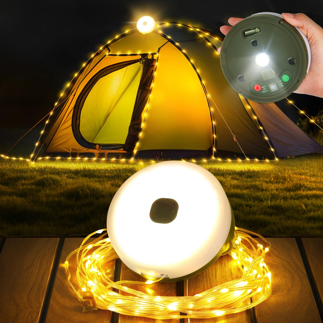 10 m Camping Fairy Lights, Rollable, 3-in-1 Outdoor Fairy Lights with 9 Lighting Modes, Portable Waterproof LED Fairy Lights Outdoor, USB Rechargeable Camping Lamp for Camping, Yard and