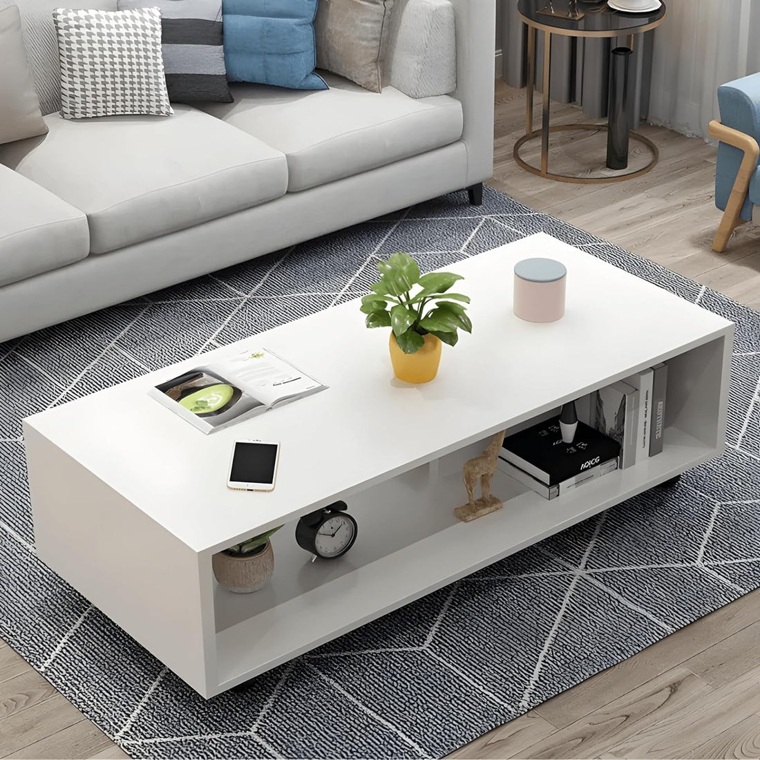 MATTERHORN Wooden Coffee Table, Centre Table, Drawing Room Table, Tea Table with Wheels and Shelf for Storage (DIY, 80 x 40 x 40 cm, MOCT-R92101) (White Mist)