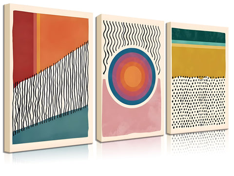 Set of 3 Framed Boho Wall Art Mid Century Modern Wall Decor Posters Abstract Color Block Geometric Canvas Paintings Prints Colorful Simple Line Pictures for Living Room Bedroom Home Decoration（12x16）