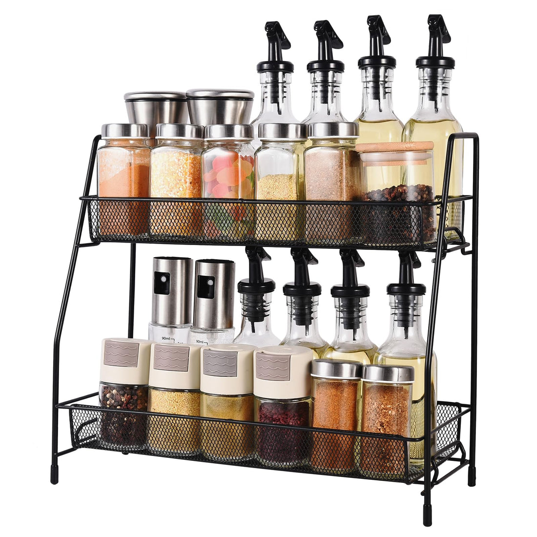 2 Tier Spice Racks Organiser Free Standing,Spice Racks Organiser,Kitchen Shelves,Spices Organizers and Storage(Black)