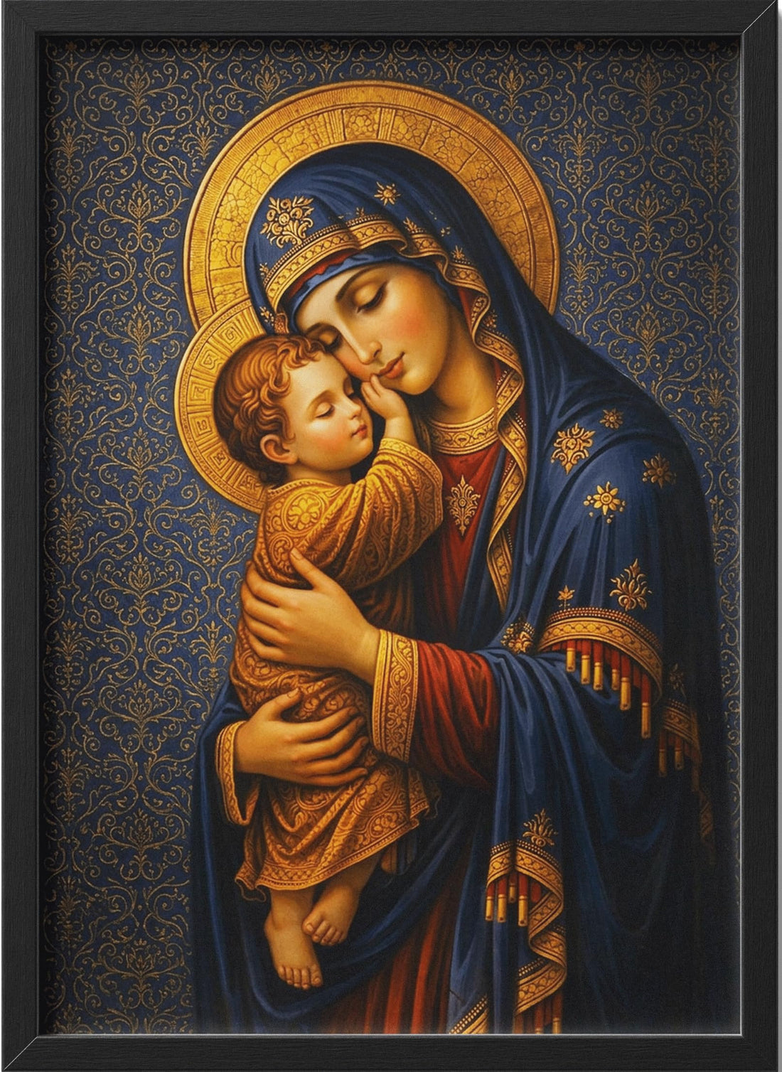 Virgin Mary and Baby Jesus Byzantine Art – Classical Portrait with Gold Halo & Black Frame – 40×30 cm Wall Art