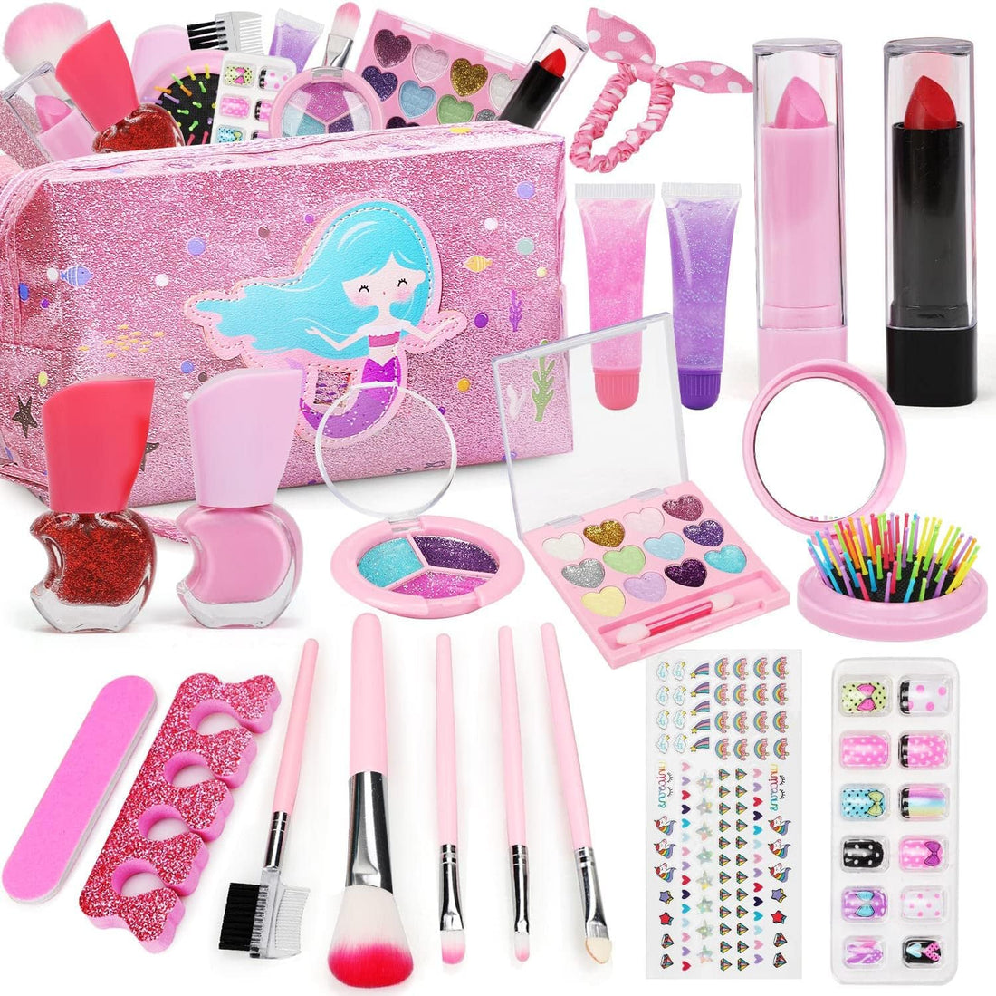 Next Store Makeup Kit for Girls, Includes Mermaid Makeup Bag, Real Makeup, Non-Toxic and Washable for Little Girls Age 4-6-8-10-12.