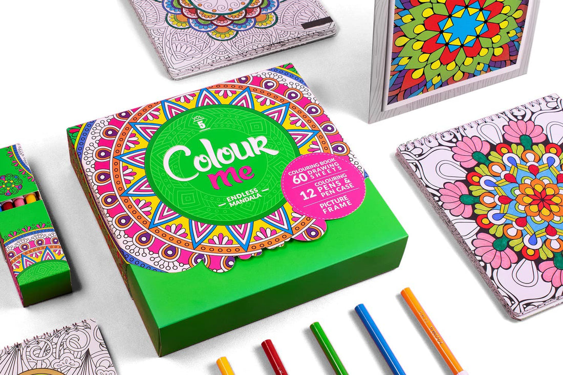 Adult Coloring Mandala Color Me 5 Book with 12 Color Box Flowmasters Pencil Case and Frame Box