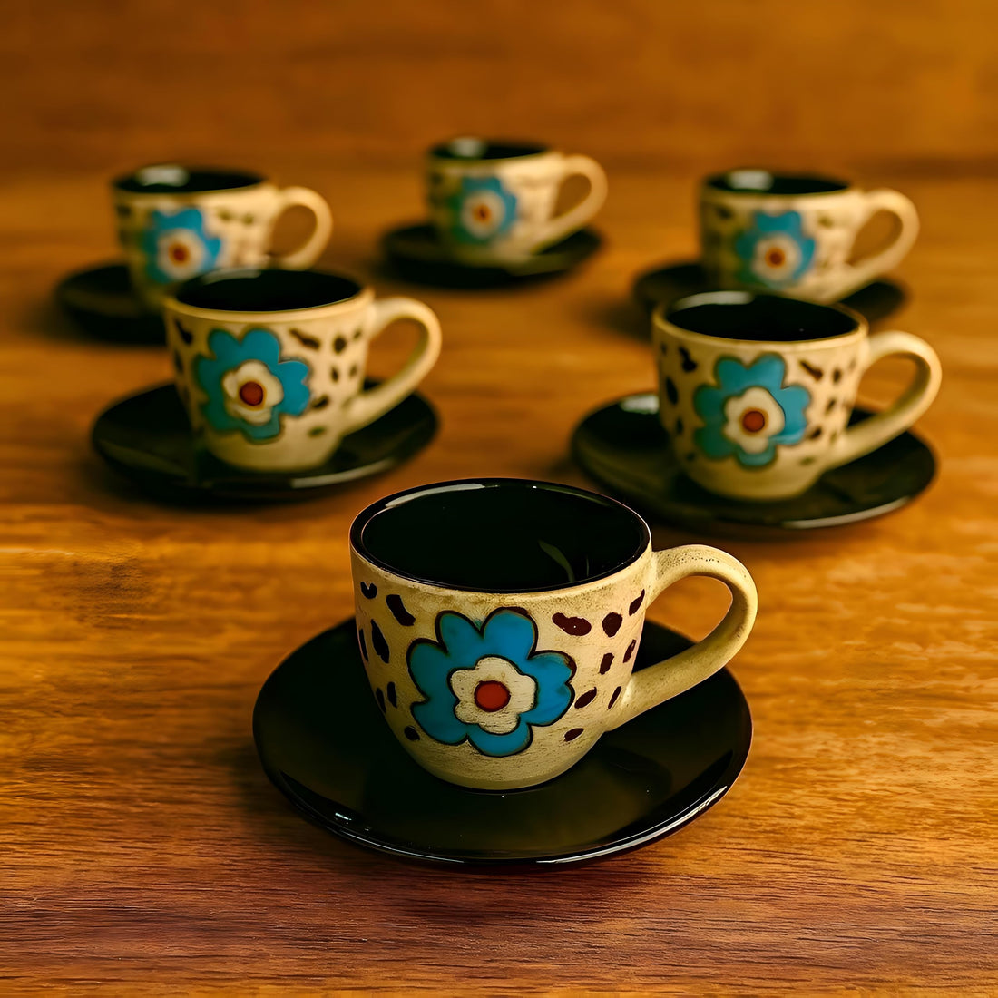 Floral Ceramic Coffee Set - Handmade Turkish Style Cup and Saucer Pair, 6-Piece Set with Intricate Patterns, Perfect for Morning Rituals (beige)