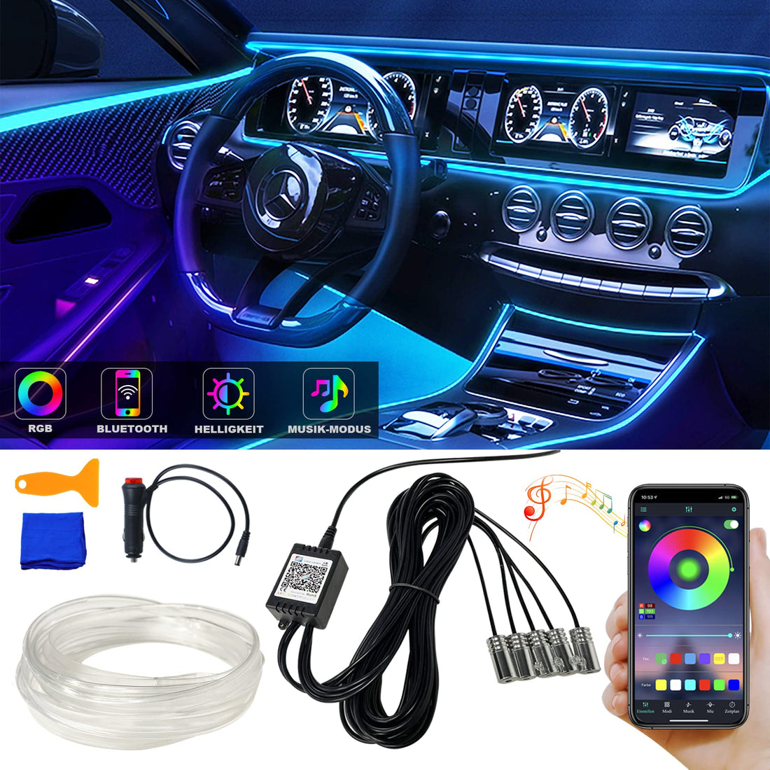 car led interior strip lights, 5 in 1 with 236 inches fiber optic rgb car led strip lights, app control, 16 million colors, sync with music, ambient lighting car kit for dashboard door