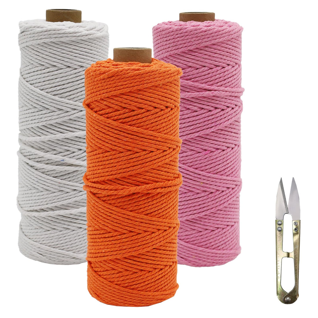 Macrame Yarn, 2 mm x 100 m, Set of 3, Colourful Macrame Cord, DIY Natural Yarn, Macrame Rope, Cotton Cord, Cotton Cord for Wall Plant, Crafts, Pink, Orange, White