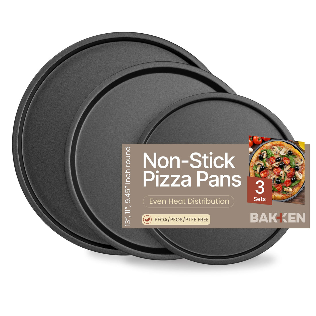 Bakken- Swiss Pizza Tray Set 3-Piece â€“ Gray Coating, Non-Stick, Round Steel Pizza Pans - Dishwasher Safe, Premium Bakeware for Home Cooking