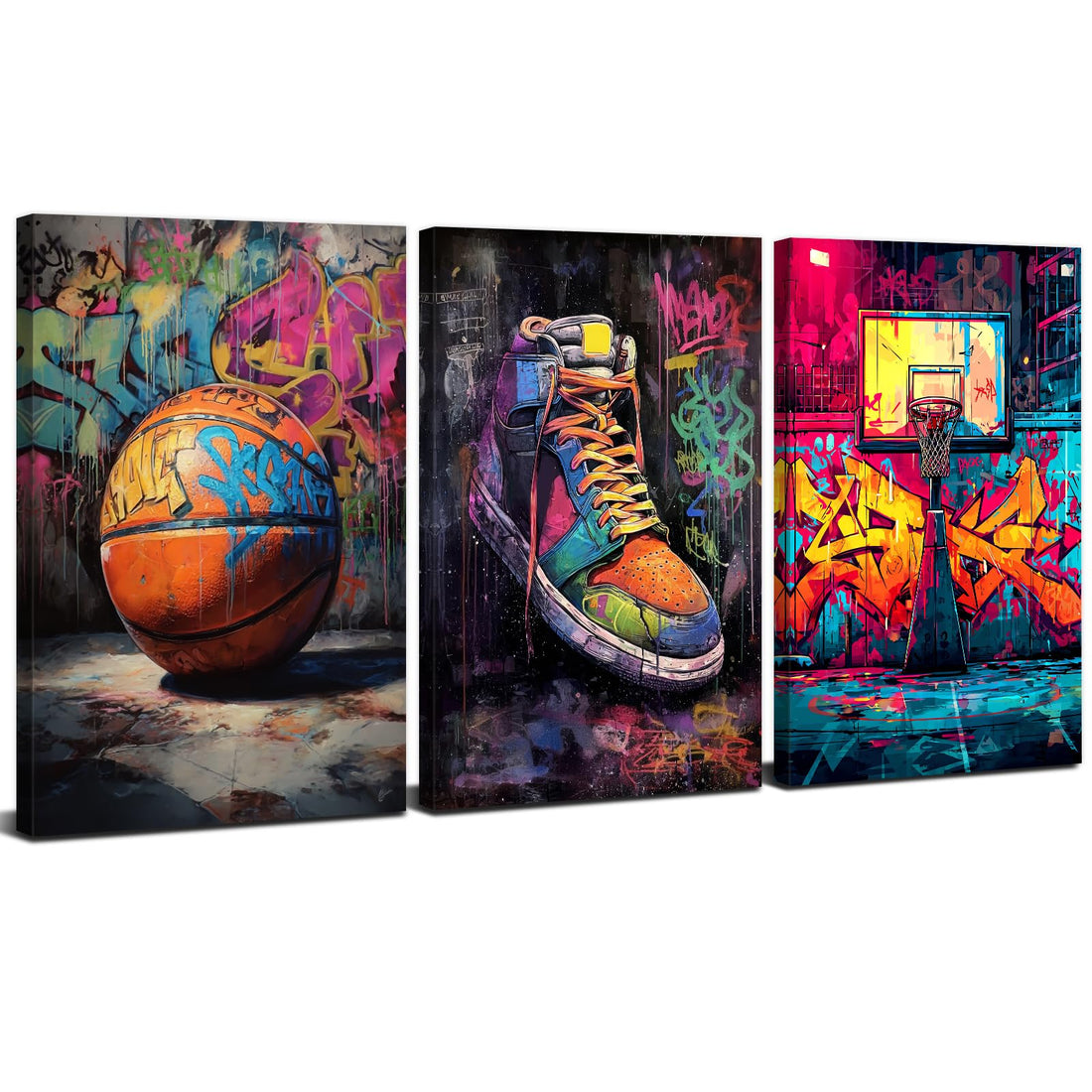 Basketball Graffiti Canvas Wall Art Abstract Banksy Sports Wall Decor for Teen Boys Room Street Pop Art Basketball Court Sneakers Posters Prints Artwork Man's Bedroom Playroom Decorations 12x16" 3Pcs