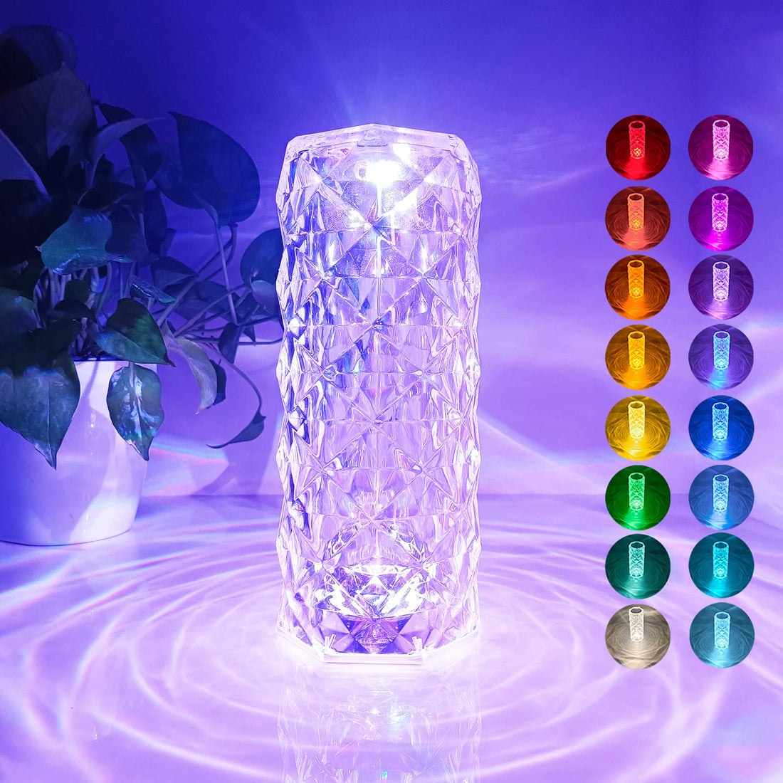 WSIGHT Crystal Table Lamp Diamond Touch Control 16 Color Changing With Remote Rechargeable for Bedroom