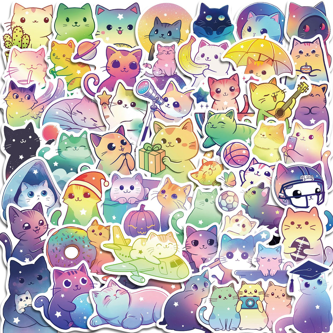 100 Pcs Cute Cat Stickers, Kawaii Stickers Cat Decor Party Gifts, Waterproof Stickers for Water Bottle Laptop Scrapbook, Starry Sky Cat Themed Stickers for Kids Teens Adults