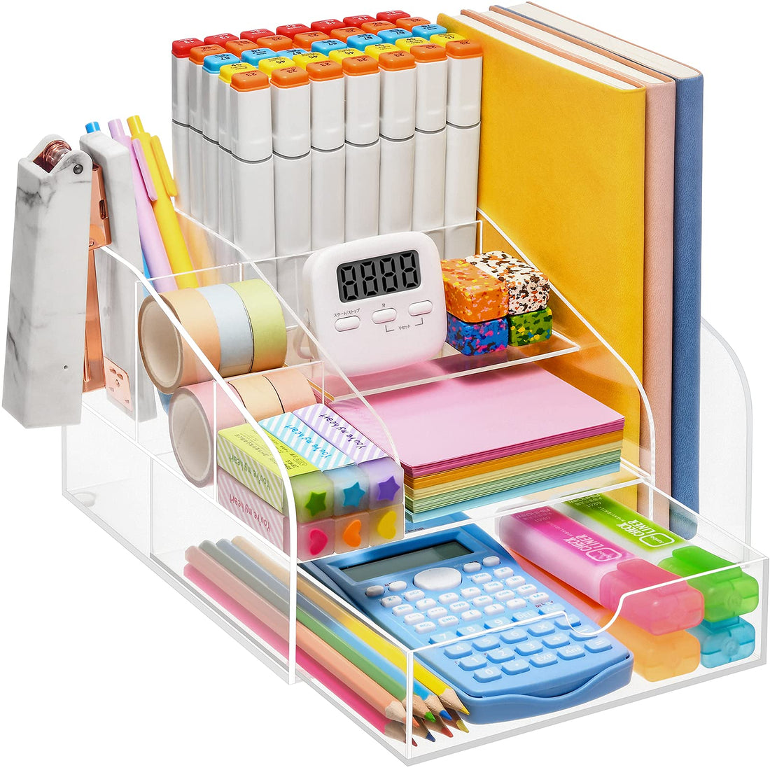 VITVITI Acrylic Desk Organizer, Clear Pencil Organizer for Desk, Multifunctional Desktop Pen Organizer Station, 8 Compartment Office Storage with Drawer, for Magazine/A4 Paper/Art Supply