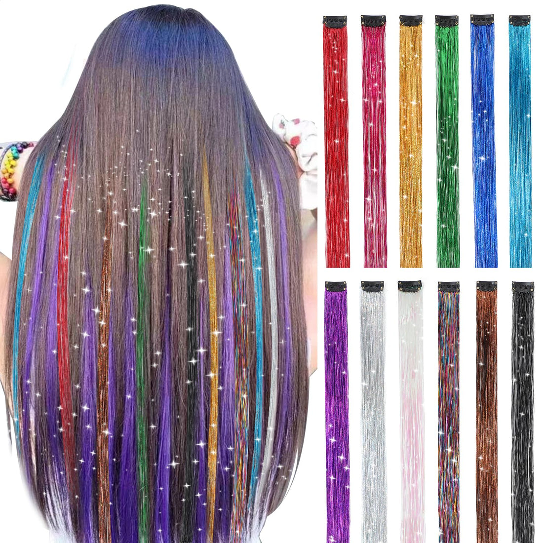 20" 12 Pcs Colorful Glitter Clip In Hair Fairy Tinsel Kit Clip In Hair Extensions Tinsel Hair Extensions For Girls Synthetic Hair Extensions For Fie