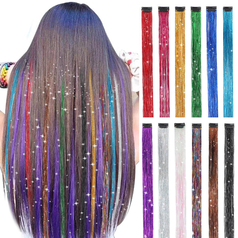 20" 12 Pcs Colorful Glitter Clip In Hair Fairy Tinsel Kit Clip In Hair Extensions Tinsel Hair Extensions For Girls Synthetic Hair Extensions For Fie