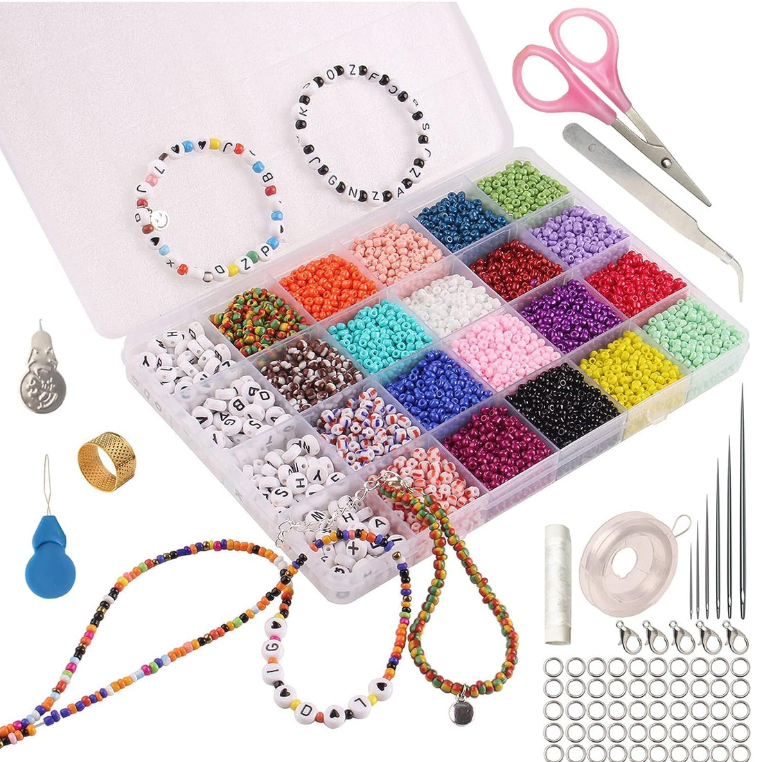 Christia Bella 10000 Pcs Seed Beads Glass Beads for Jewellery Making Kids with Elastic String Alphabet Beads for DIY Bracelet Necklaces Jewelry Making Supplies Kit
