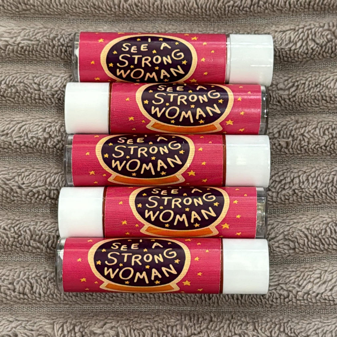 Strong Woman Inspirational Lip Balm, Pink and Gold Design