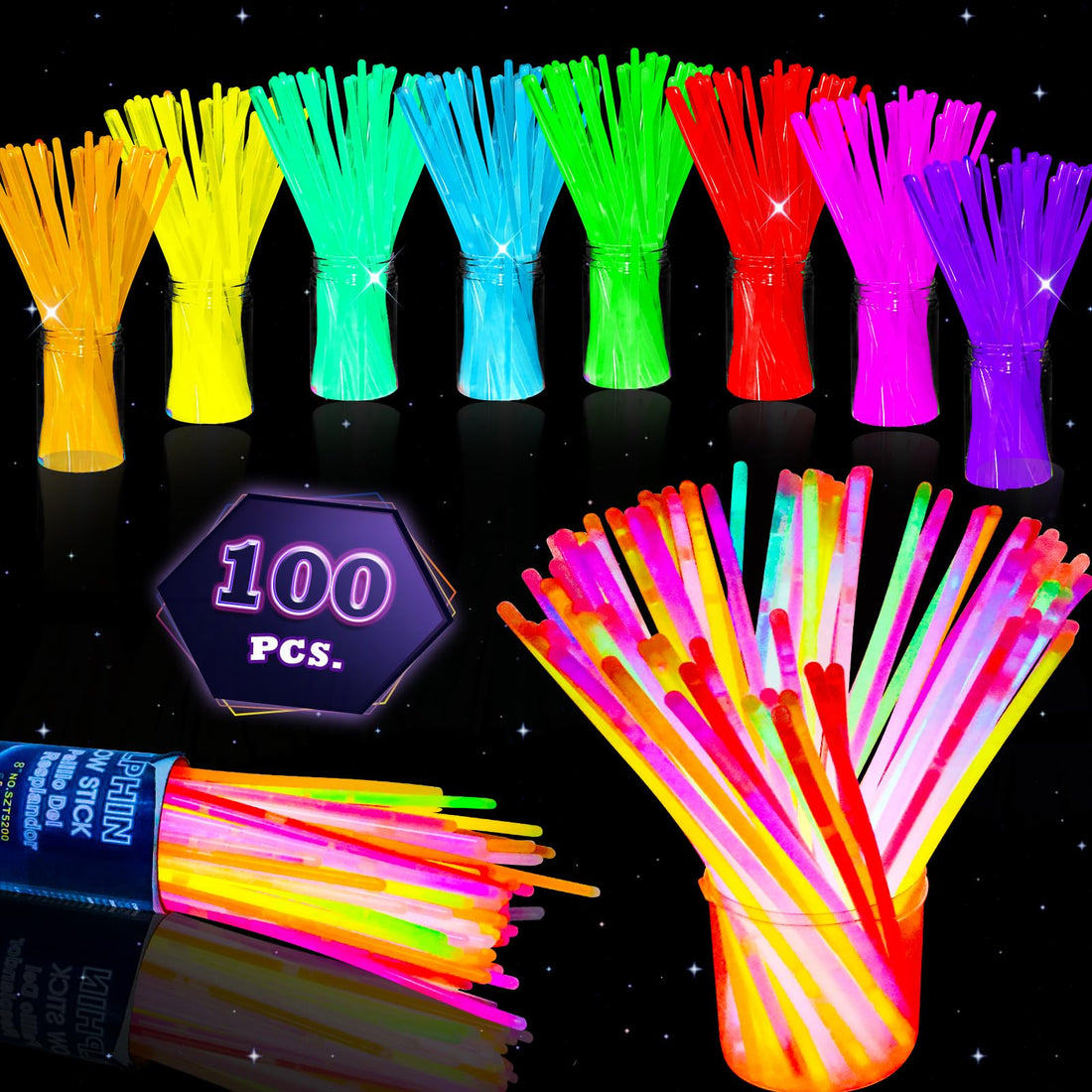 Glow Sticks - 100 Pack 8 Inch Glowsticks Party Favors Bulk 8 Mixed Colors Glow Stick Necklaces for Neon Parties, Weddings, Concerts Fun and Great Gift for Boys, Girls, and Adults