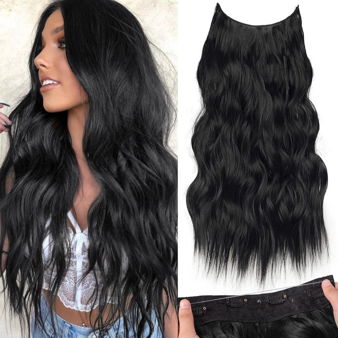 Women's Hair Extension Full Head Wig 24Inch - 58-65 CM-150 G -Synthetic Natural curly Hair Pieces with 5 Clip Wig- NO jw-245-1 - black