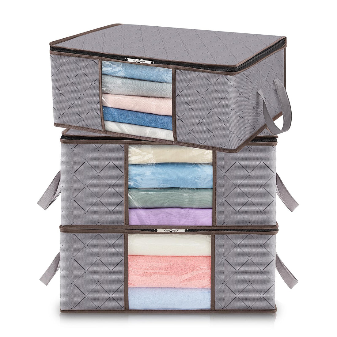 Lifewit Clothes Storage Bag Foldable Storage Bin Closet Organizer with Reinforced Handle Sturdy Fabric Clear Window for Sweaters, Coats, T-shirts, Blankets, 3 Pack, Light Gray