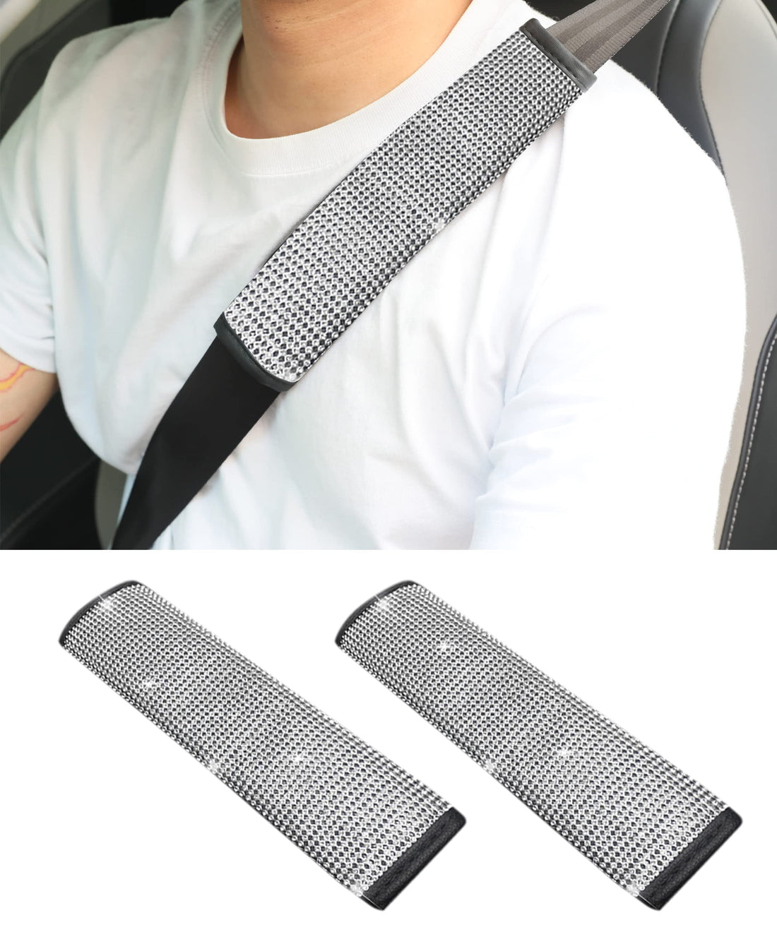 Reswish ESEWALAS PU Leather Seat Belt Shoulder Pads,Diamond Car Seatbelt Covers Glitter Rhinestone Car Seat Belt Strap Cover Shoulder Pad,Crystal Seat Belt Cushion Pad Cover Protector, (White)