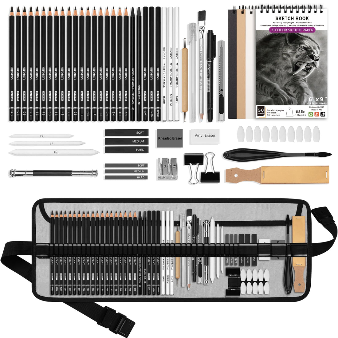 HIFORNY Set of 60 Drawing and Sketching Pencils - Art Supplies With 3-Color Sketch Pad, Graphite, Charcoal