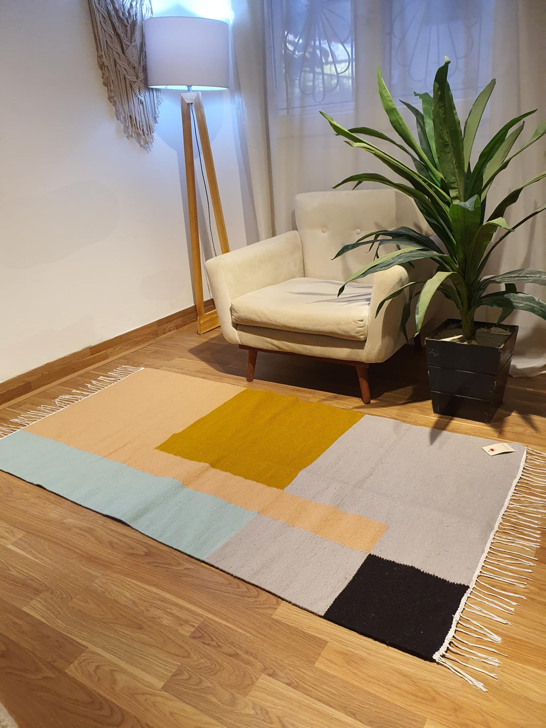 Kilim 70X140 Light Blue and Light Beige and Mustard Yellow and Light Gray and Black Kilim