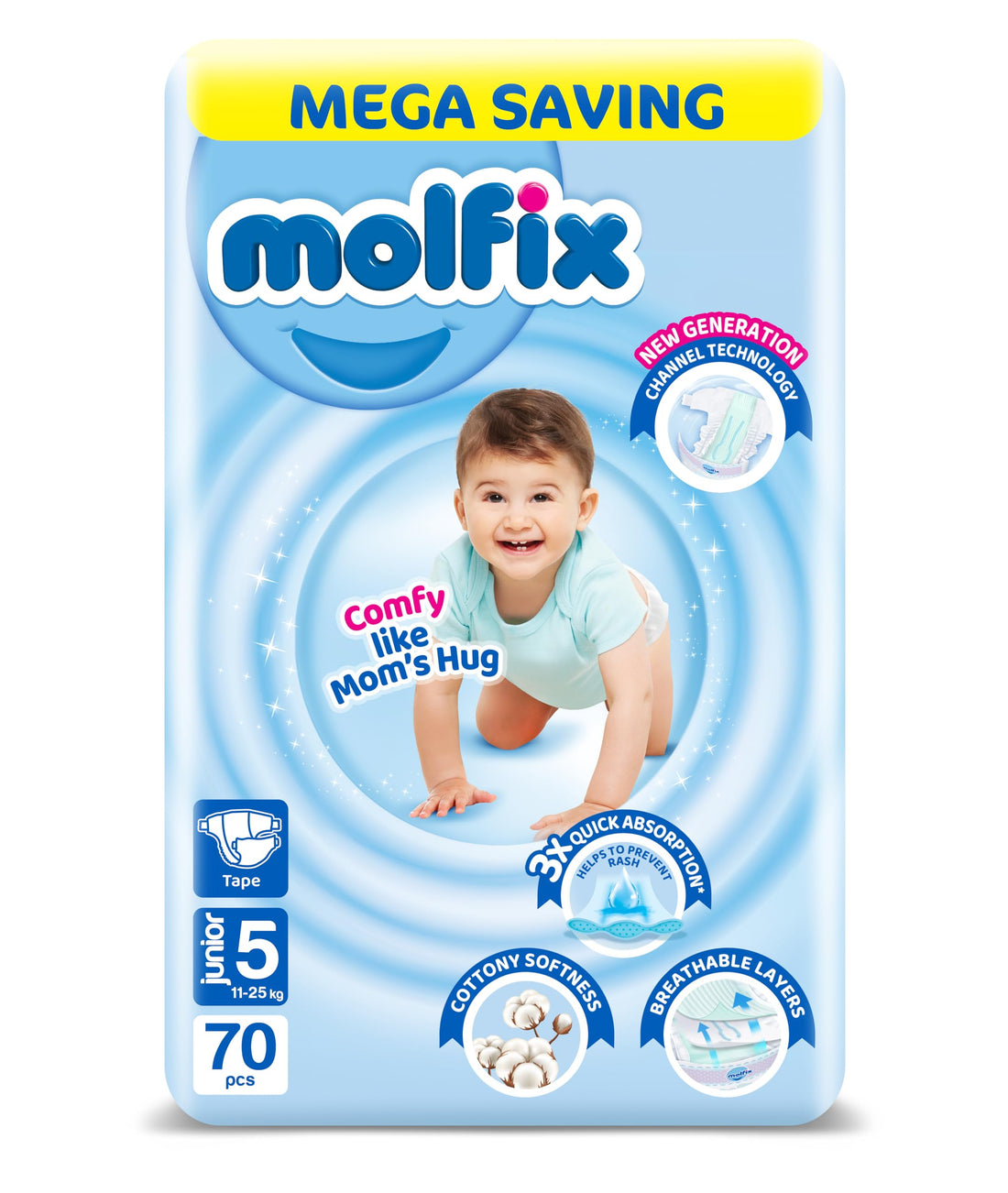 Molfix Baby Diaper Open Size 5, Mega Pack, 11-25 KG, 70 Units, Molfix Open Diapers, Size 5, 7-18KG, Mega Pack, 80 Count, Cotton Material
