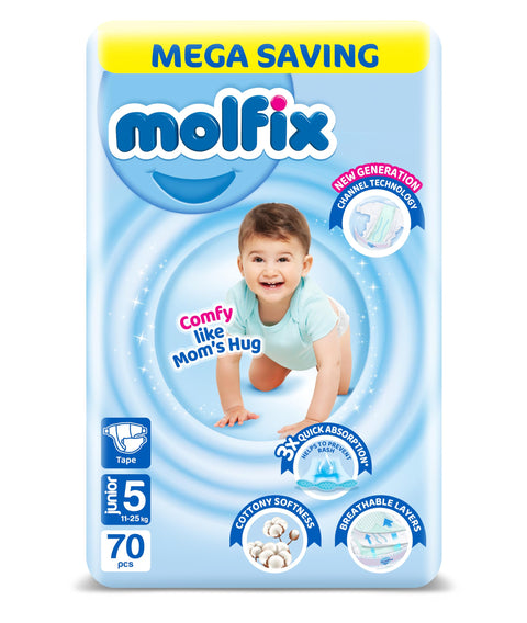 Molfix Baby Diaper Open Size 5, Mega Pack, 11-25 KG, 70 Units, Molfix Open Diapers, Size 5, 7-18KG, Mega Pack, 80 Count, Cotton Material