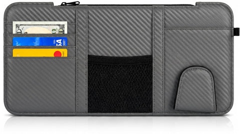 Leather Car Visor Organizer – PU Leather Sun Visor Storage with Card Slots, Mesh Pocket, Magnetic Sunglasses Clip, and Pen Holder – Universal Fit for Cars and SUV (Gray Carbon Fibre)