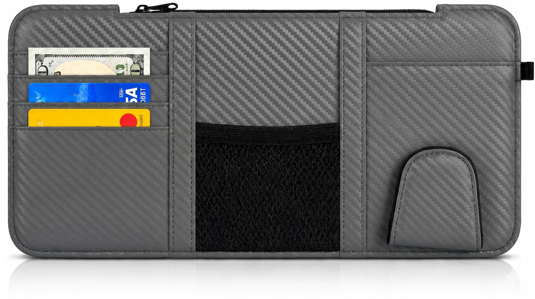 Leather Car Visor Organizer – PU Leather Sun Visor Storage with Card Slots, Mesh Pocket, Magnetic Sunglasses Clip, and Pen Holder – Universal Fit for Cars and SUV (Gray Carbon Fibre)