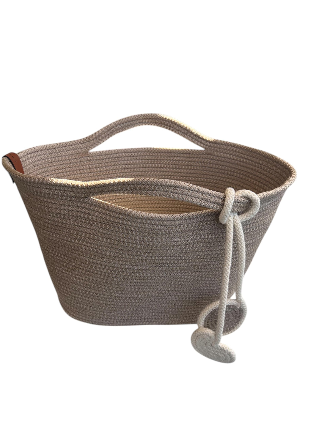 Woven Cotton Rope Tote Bag, Light Beige, with Rope Knot Detail and Leather Trim, Summer Beach Bag