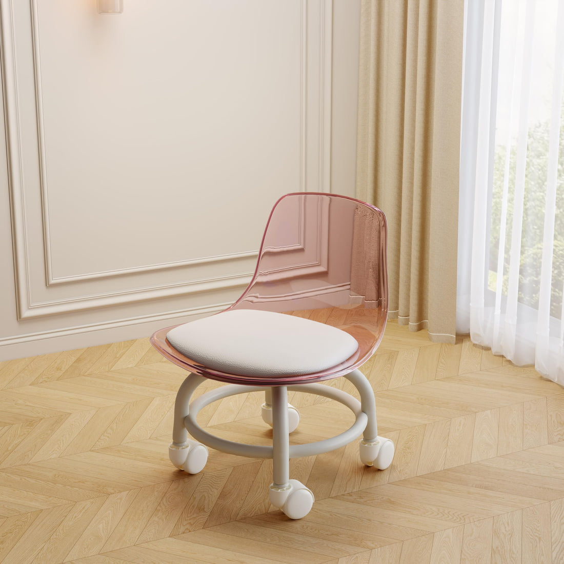 Low Rolling Stool-Small Acrylic Stool with Wheels,Mini Roller Seat with Back Support,Short Rolling Stool Chair for Work,Home Cleaning,Garage,Office and Laundry (Pink)