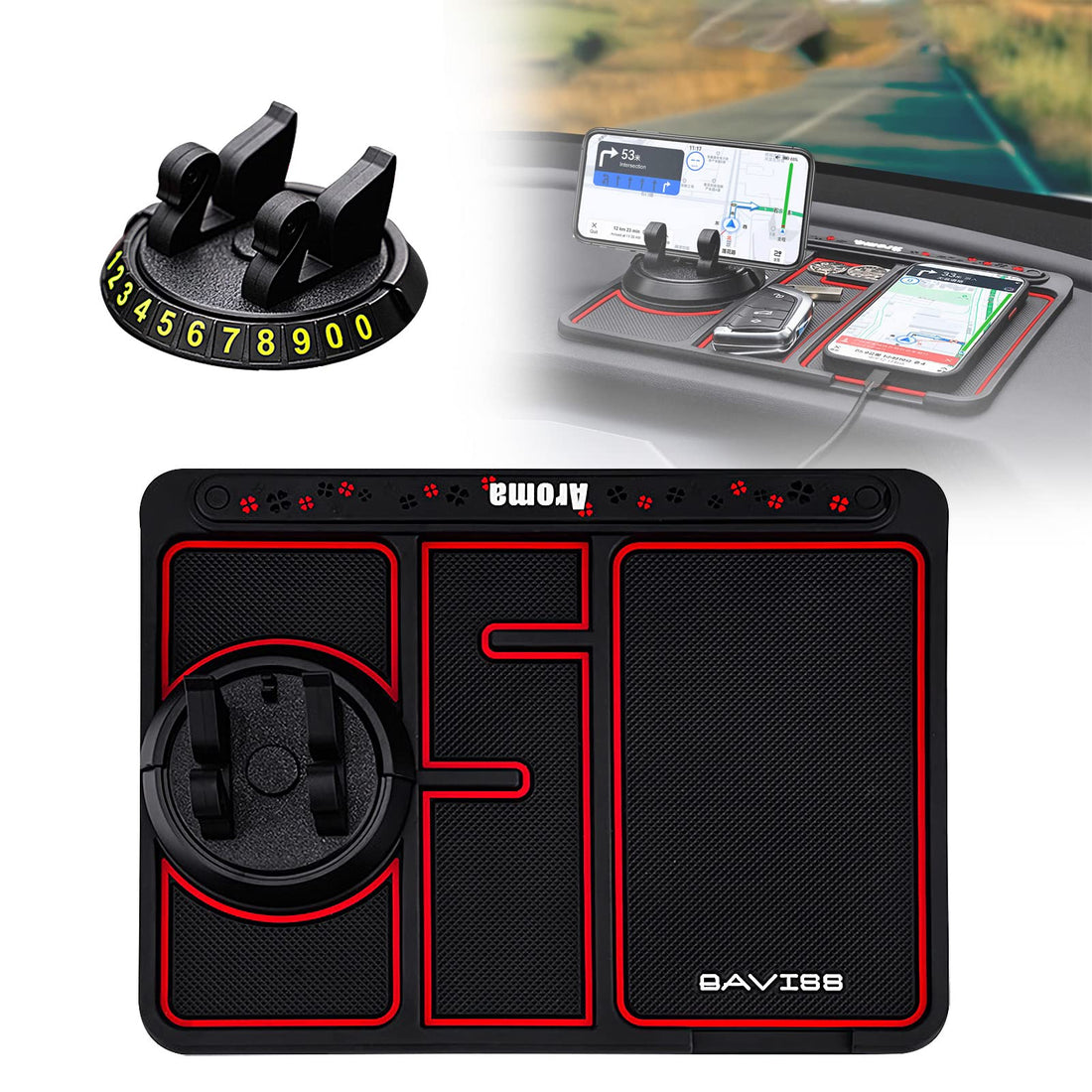 Non-Slip Phone Pad for 4-in-1 Car, Universal 360° Rotating Car Phone Holder Dashboard Mount Stand, Multifunctional Car Dashboard Organizer Tray Anti Slip Mat Sticky Pad for Coins/Keys/Sunglasses (RED)