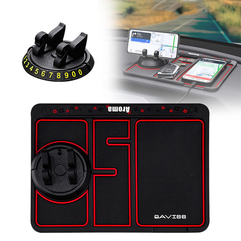 Non-Slip Phone Pad for 4-in-1 Car, Universal 360° Rotating Car Phone Holder Dashboard Mount Stand, Multifunctional Car Dashboard Organizer Tray Anti Slip Mat Sticky Pad for Coins/Keys/Sunglasses (RED)