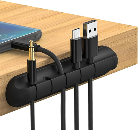 Flexible Silicone Organizer - Anti-slip cable holder designed for charging cables, headphones, mouse, and keyboard, black color for modern workspaces