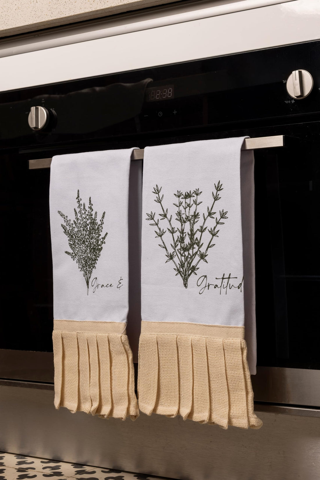 Words Co. “Grace & Gratitude” Premium Cotton Kitchen Towel Set (2-Piece) – Elegant Botanical Dish Towels with Pleated Beige Ruffle Trim – Serene Farmhouse Kitchen Decor & Gift Set