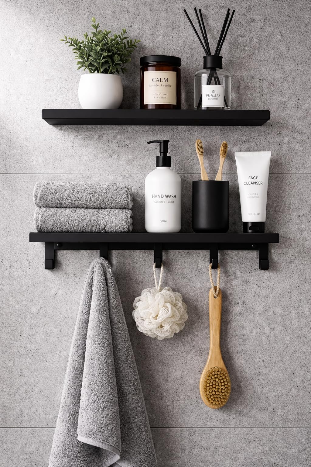 Wall Mounted 2-Tier Stainless Steel Shelf with Hooks – Bathroom & Kitchen Organizer Rack – Space Saving Storage Shelf 40 cm (Black)