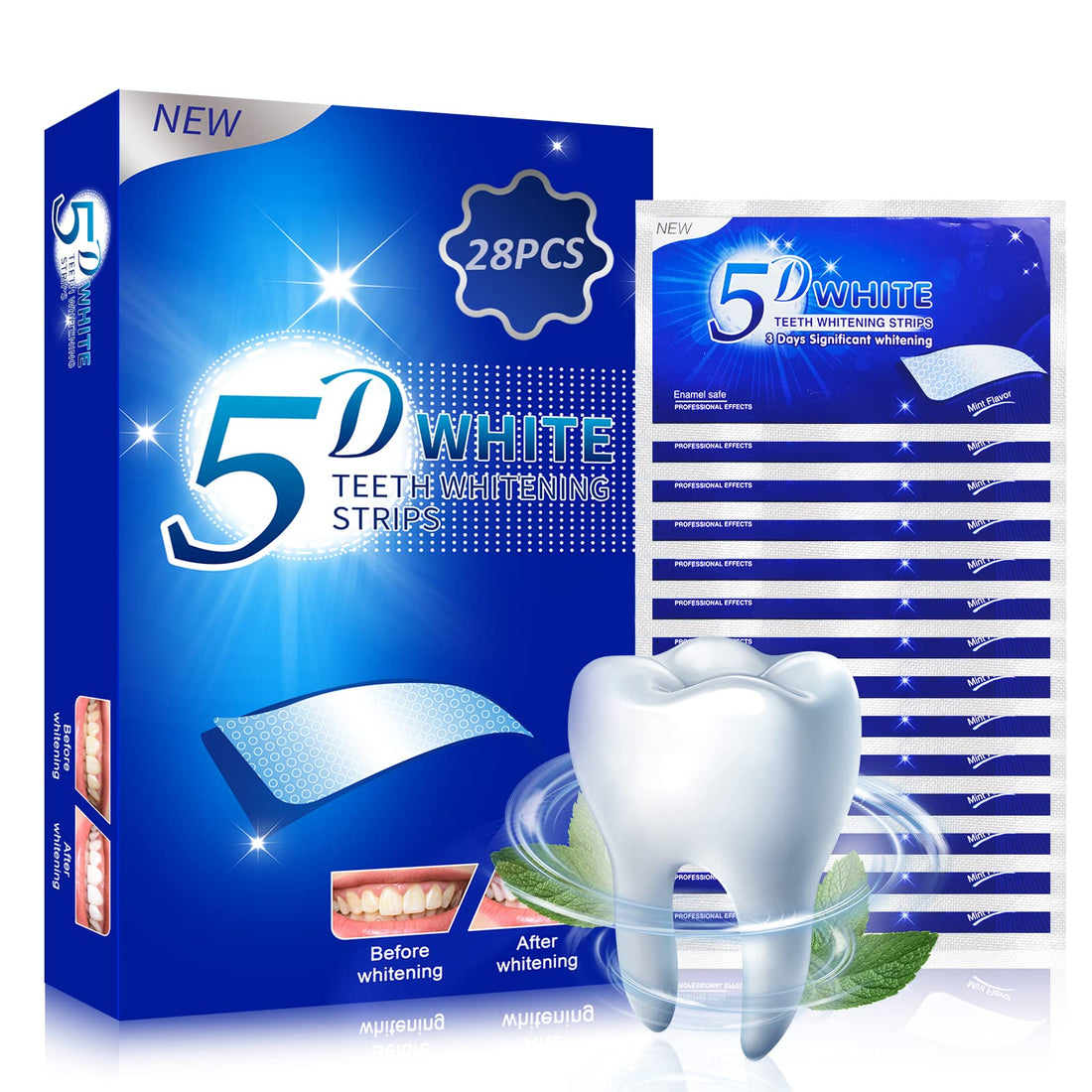 SEAAES Teeth Whitening Strips 5d Teeth Whitener Strips Effective Home Use Tooth Whitening Kit Mint Flavor 14 Pouches 28pcs