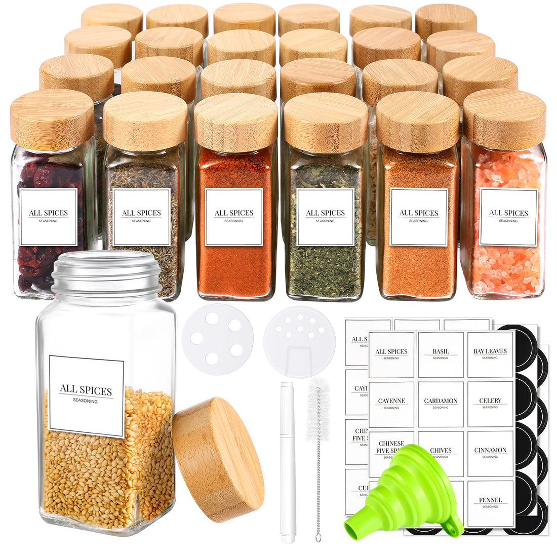 24 PCS Glass Spice Jars with Bamboo Airtight Lids, Spices Container Set - 4 oz Empty Square Spice Bottles with Labels, Shaker Lids, Funnel, Brush and Marker