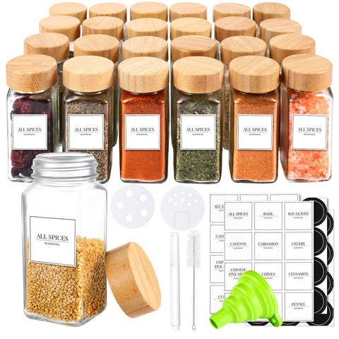 24 PCS Glass Spice Jars with Bamboo Airtight Lids, Spices Container Set - 4 oz Empty Square Spice Bottles with Labels, Shaker Lids, Funnel, Brush and Marker