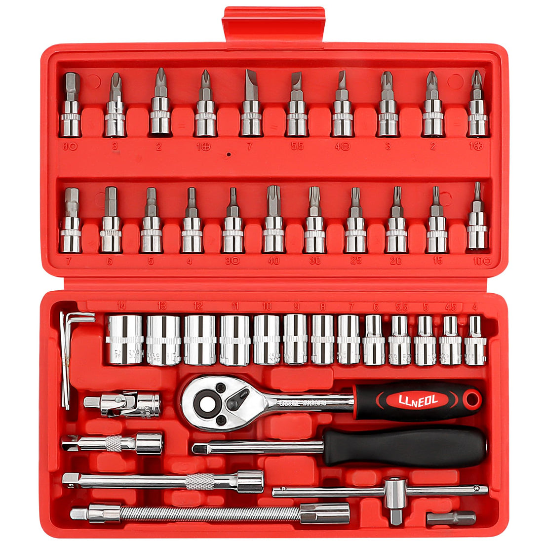 LLNEDL 46 Pieces 1/4" Drive Socket Set&Tool Sets, Ratchet Wrench Set with Bit Socket Set Metric and Extension Bar for DIY, Car Repair and Household with Storage Case（Red）